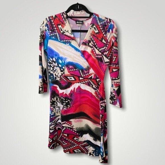 Fuchia Abstract Print Faux Wrap Dress - Picture 3 of 7